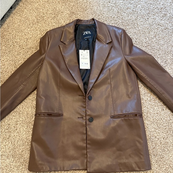 Zara Brown Leather Blazer with tags - Picture 2 of 4